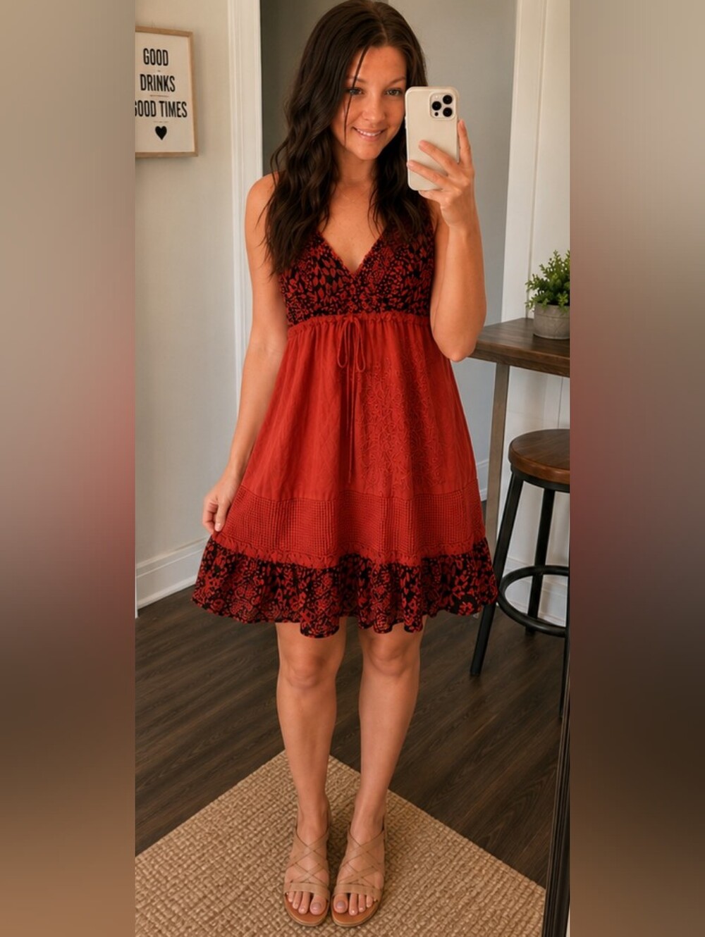 Yak & Yeti Burnt Orange Boho Embroidered Mini Dress M